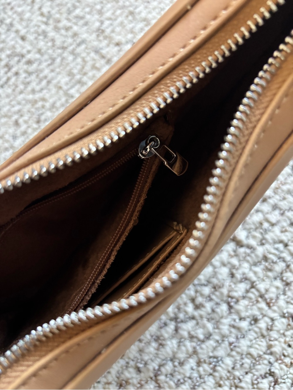 Tan Crescent Shoulder Bag - Minimal Half Moon Purse by Madison West - Picture 7 of 8